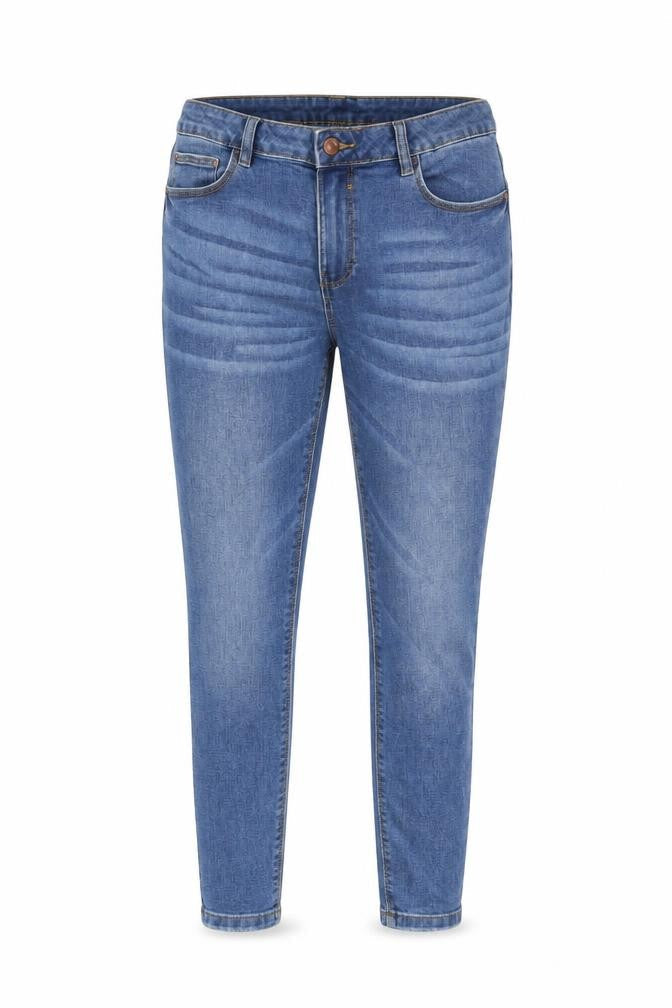 Front view of Denim & Co. women’s blue cotton skinny jeans, size UK 14, 25-inch leg regular zip - pockets, belt loops