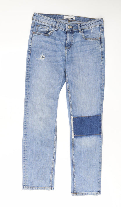 Mango Womens Blue Cotton Straight Jeans Size 8 L26 in Regular Zip - Embroided, Pockets, Belt Loops