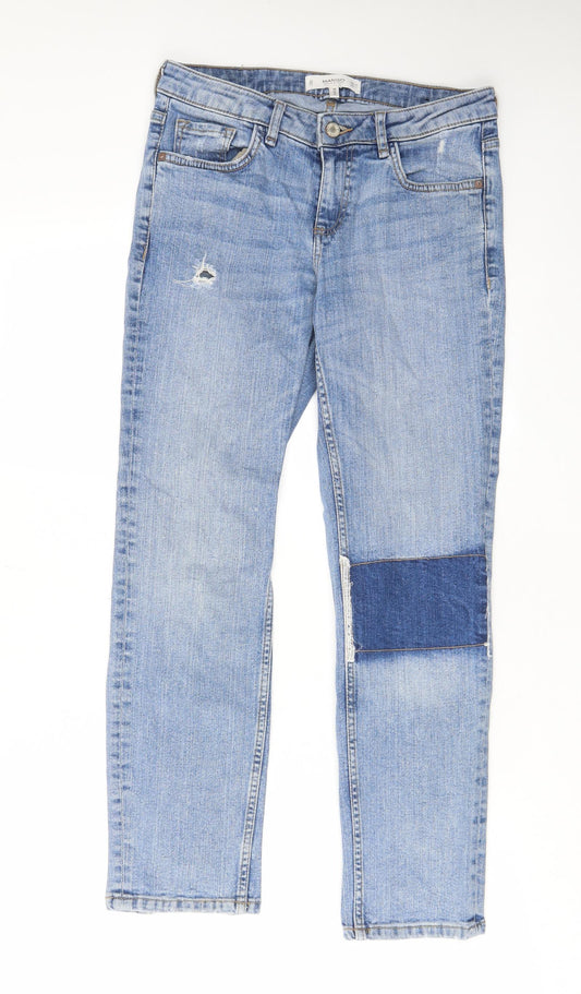 Mango Womens Blue Cotton Straight Jeans Size 8 L26 in Regular Zip - Embroided, Pockets, Belt Loops