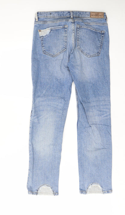 Mango Womens Blue Cotton Straight Jeans Size 8 L26 in Regular Zip - Embroided, Pockets, Belt Loops