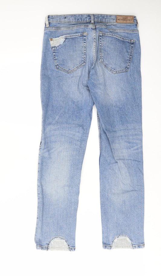 Mango Womens Blue Cotton Straight Jeans Size 8 L26 in Regular Zip - Embroided, Pockets, Belt Loops