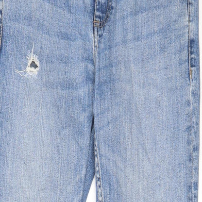 Mango Womens Blue Cotton Straight Jeans Size 8 L26 in Regular Zip - Embroided, Pockets, Belt Loops