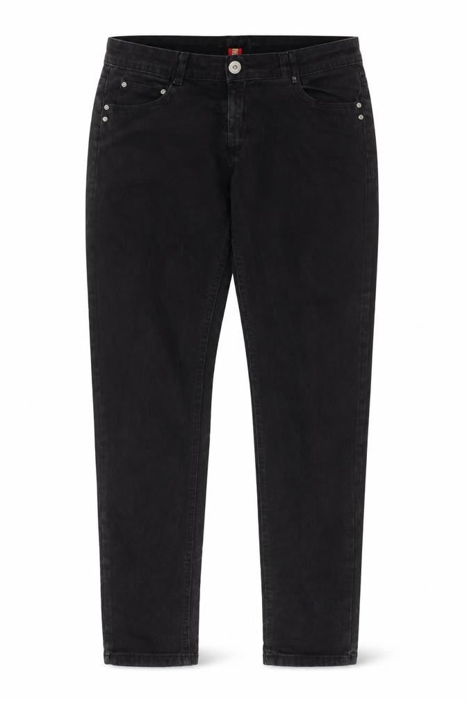 Front view of Denim & Co. women’s black cotton skinny jeans, size UK 12, 30-inch leg regular zip - pockets, belt loops