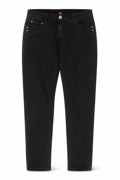 Front view of Denim & Co. women’s black cotton skinny jeans, size UK 12, 30-inch leg regular zip - pockets, belt loops