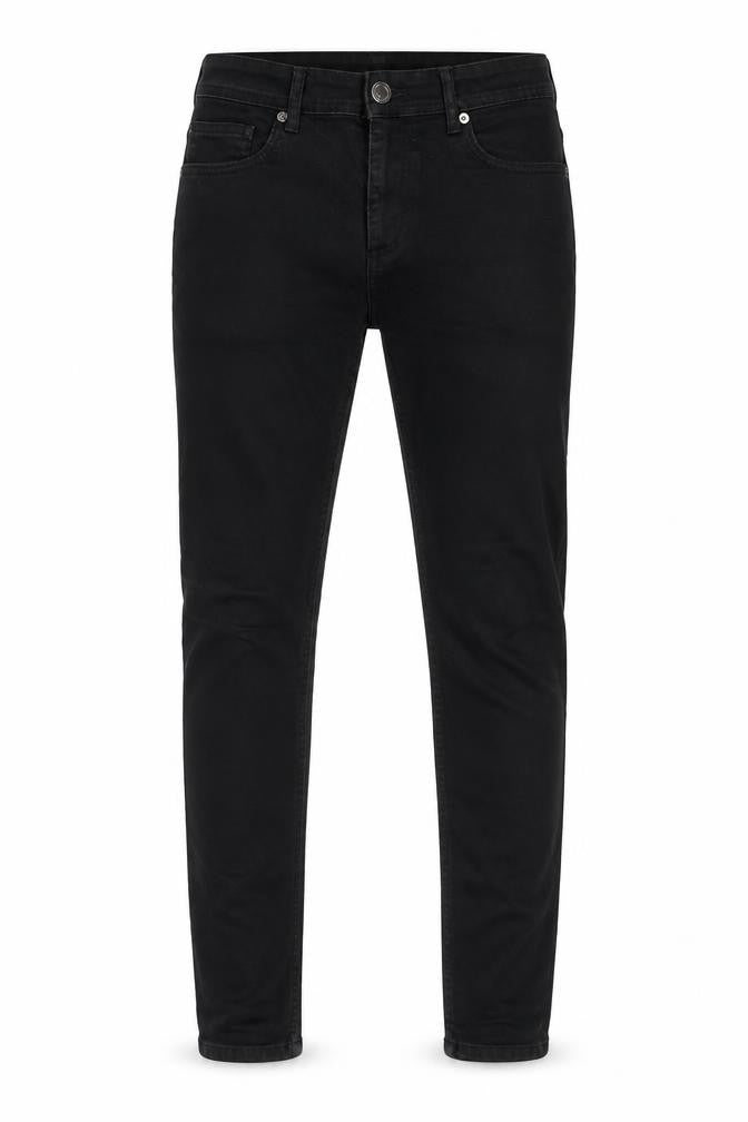 Front view of Denim & Co. men’s black cotton skinny jeans, size 32, in, 34-inch leg regular zip - pockets, belt loops