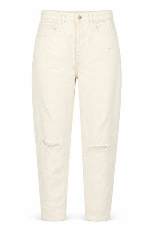 Front view of Denim & Co. women’s beige cotton mom jeans, size UK 10, 28-inch leg regular button - pockets, belt loops