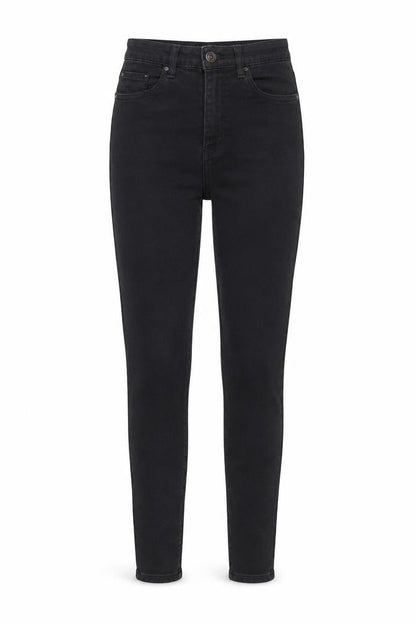 Front view of Toxik3 women’s black cotton skinny jeans, size UK 8, 28-inch leg regular zip - pockets, belt loops