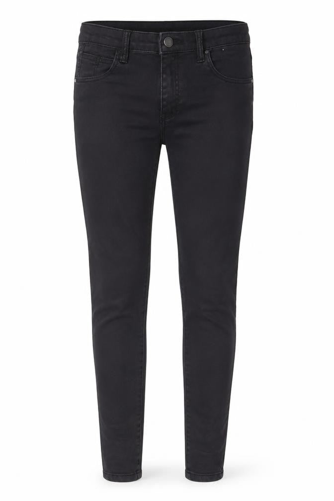 Front view of Denim & Co. women’s black cotton skinny jeans, size UK 10, 28-inch leg regular zip - pockets, belt loops