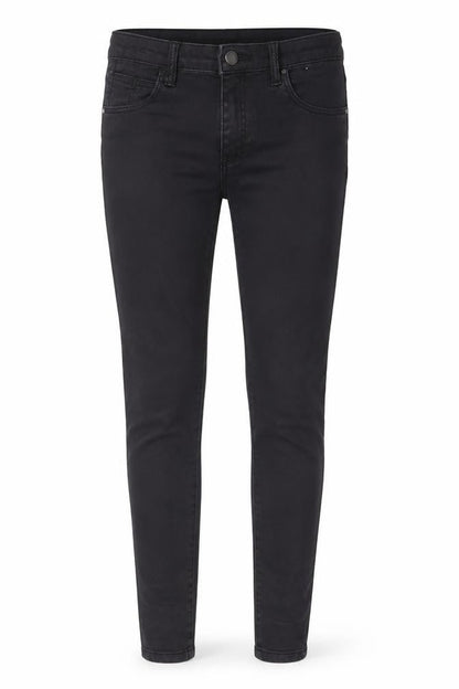 Front view of Denim & Co. women’s black cotton skinny jeans, size UK 10, 28-inch leg regular zip - pockets, belt loops