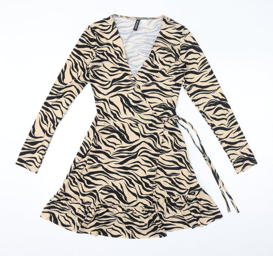 Divided by H&M Womens Brown Animal Print Polyester A-Line Size XS V-Neck Tie