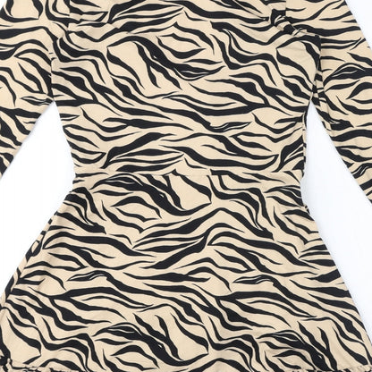 Divided by H&M Womens Brown Animal Print Polyester A-Line Size XS V-Neck Tie