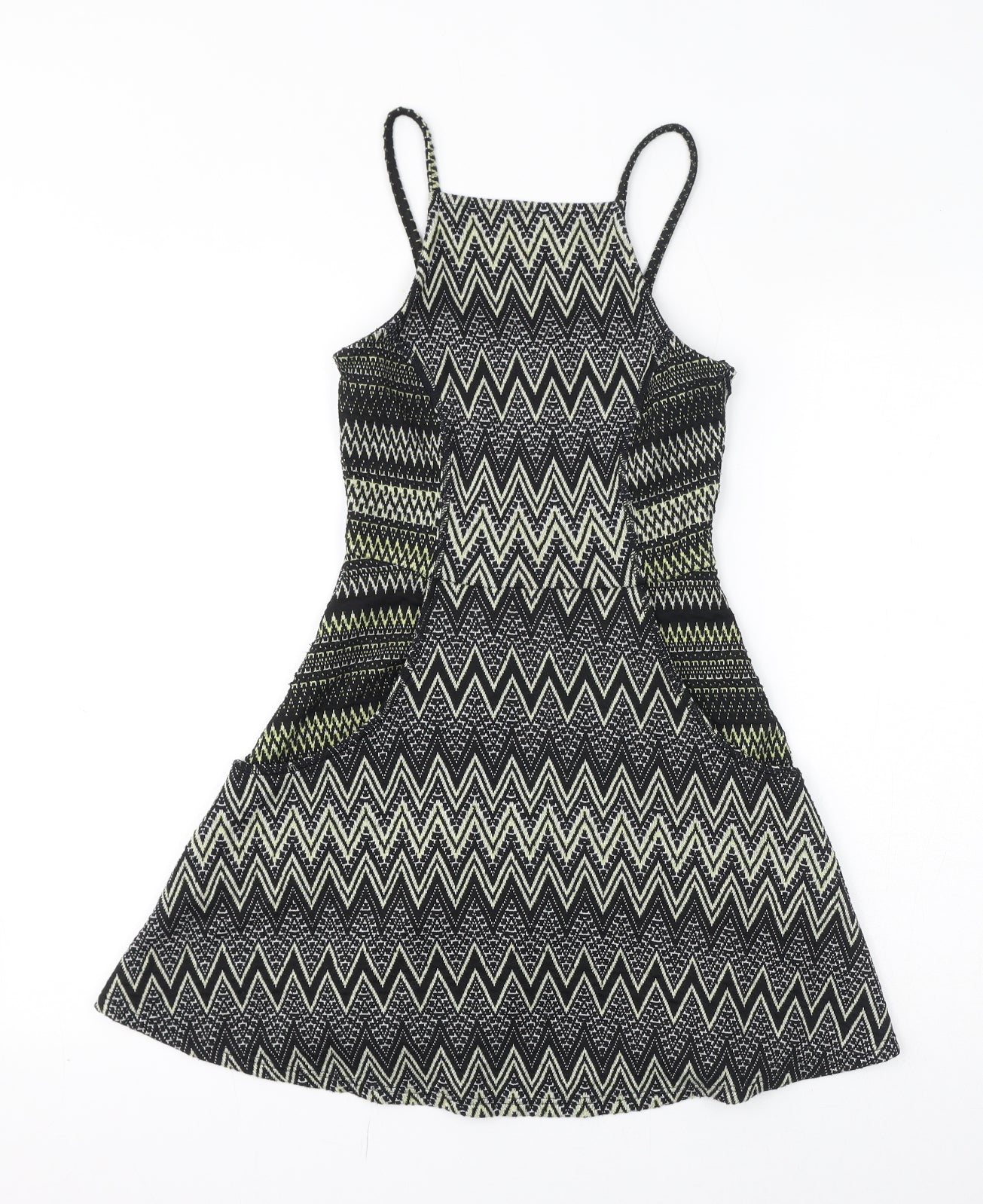 Topshop Womens Black Geometric Polyester Fit & Flare Size 4 Square Neck Pullover - Zigzag