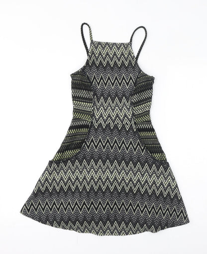 Topshop Womens Black Geometric Polyester Fit & Flare Size 4 Square Neck Pullover - Zigzag