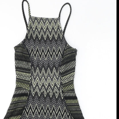 Topshop Womens Black Geometric Polyester Fit & Flare Size 4 Square Neck Pullover - Zigzag
