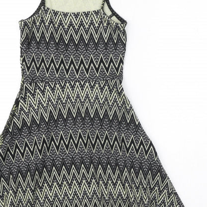 Topshop Womens Black Geometric Polyester Fit & Flare Size 4 Square Neck Pullover - Zigzag