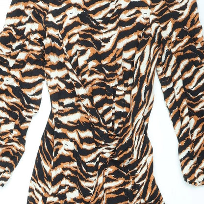 Marks and Spencer Womens Black Animal Print Viscose Maxi Size 6 Round Neck Zip - Tiger Print, Side Slit