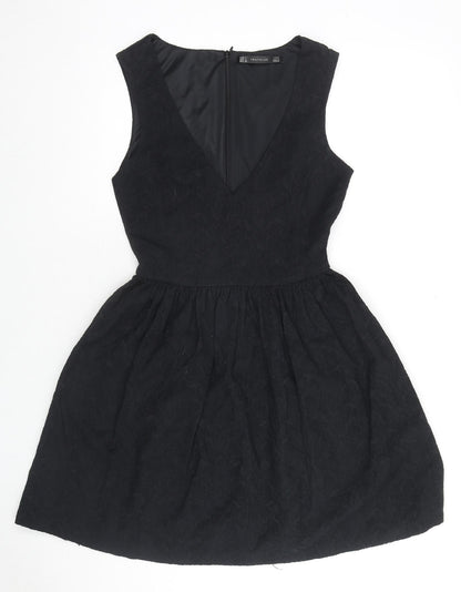 Zara Womens Black Floral Cotton Fit & Flare Size L V-Neck Zip - Embraided