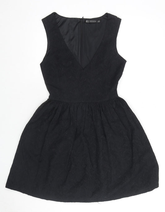Zara Womens Black Floral Cotton Fit & Flare Size L V-Neck Zip - Embraided