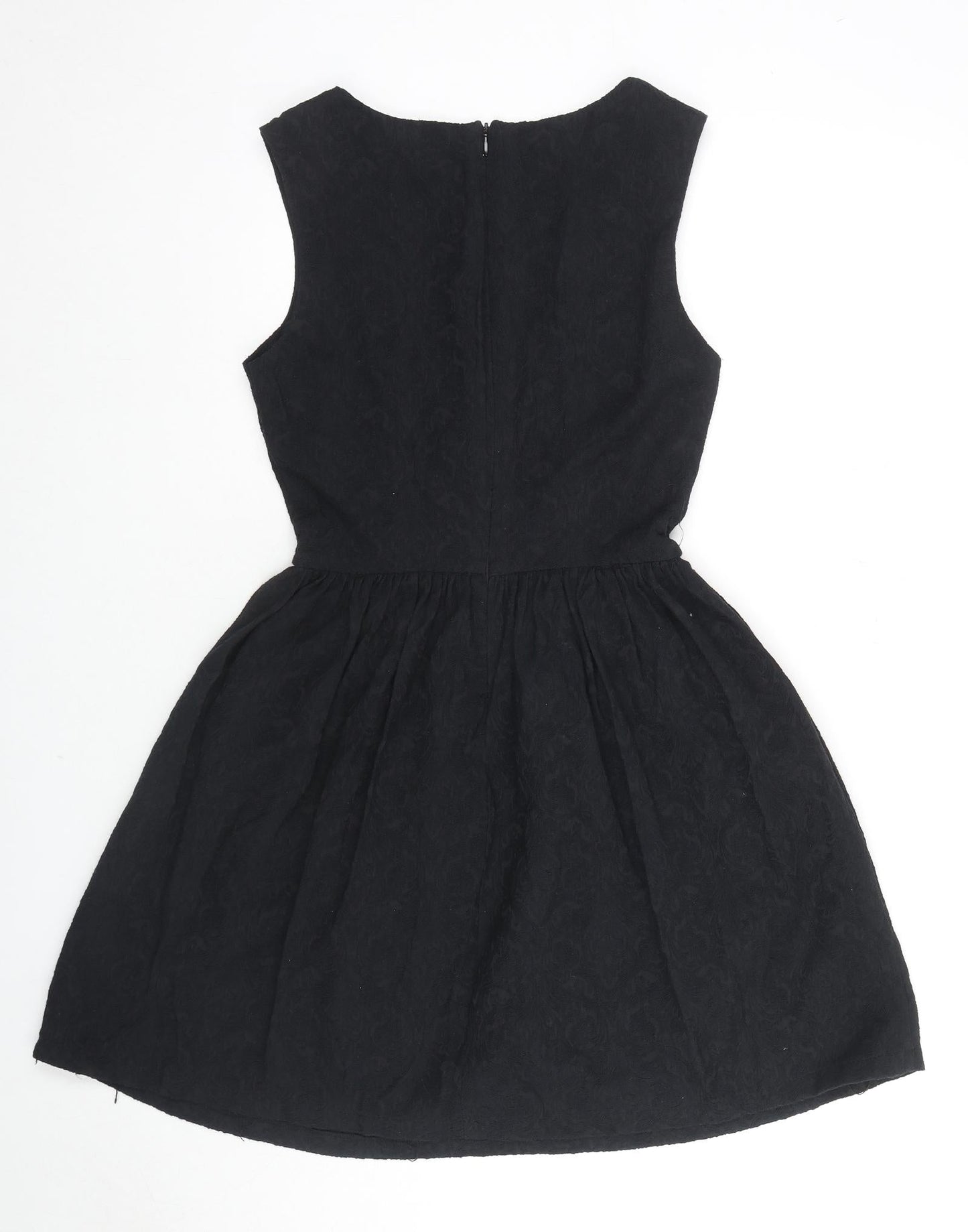 Zara Womens Black Floral Cotton Fit & Flare Size L V-Neck Zip - Embraided