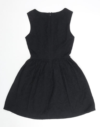 Zara Womens Black Floral Cotton Fit & Flare Size L V-Neck Zip - Embraided