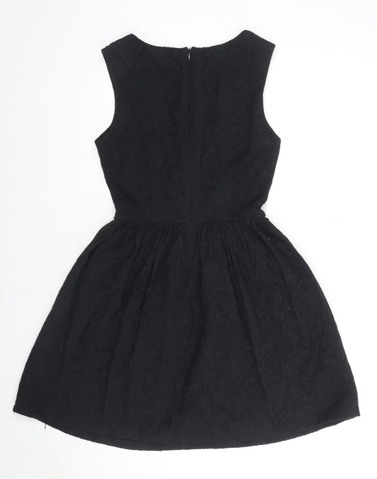 Zara Womens Black Floral Cotton Fit & Flare Size L V-Neck Zip - Embraided