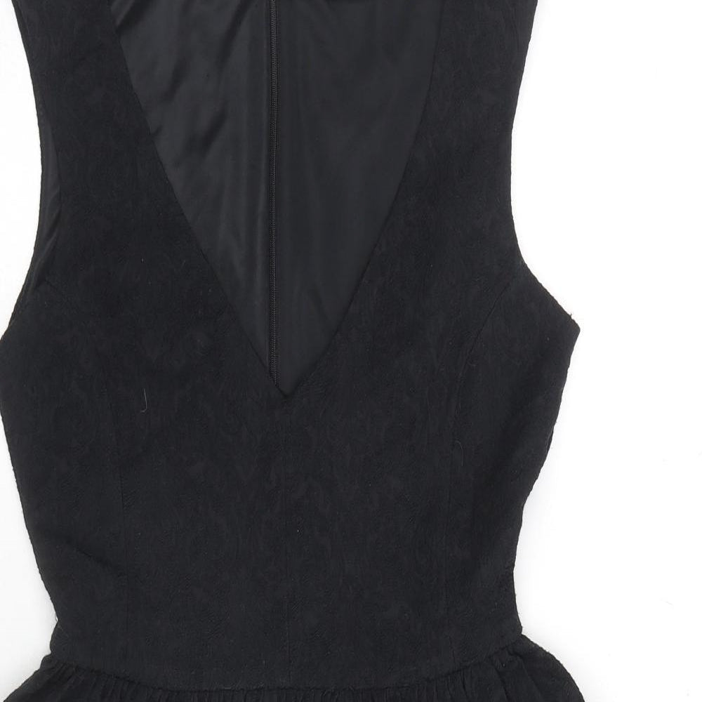 Zara Womens Black Floral Cotton Fit & Flare Size L V-Neck Zip - Embraided