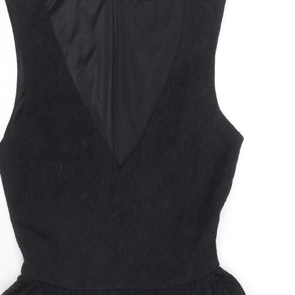 Zara Womens Black Floral Cotton Fit & Flare Size L V-Neck Zip - Embraided