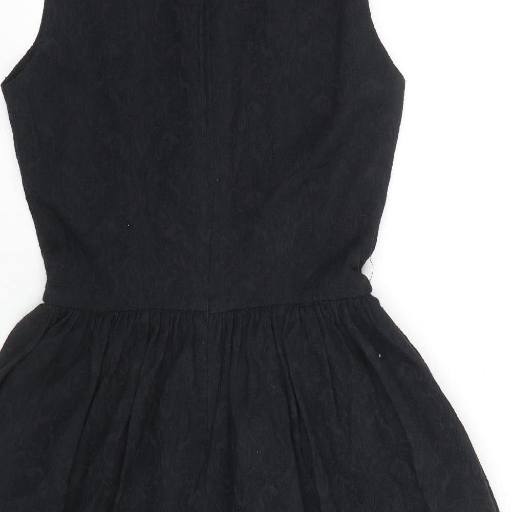 Zara Womens Black Floral Cotton Fit & Flare Size L V-Neck Zip - Embraided