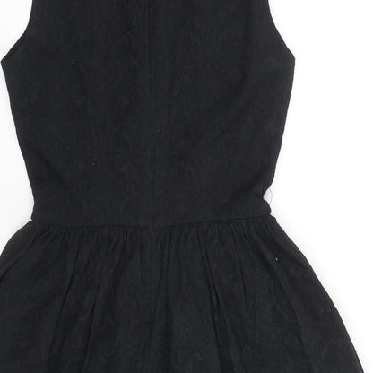 Zara Womens Black Floral Cotton Fit & Flare Size L V-Neck Zip - Embraided