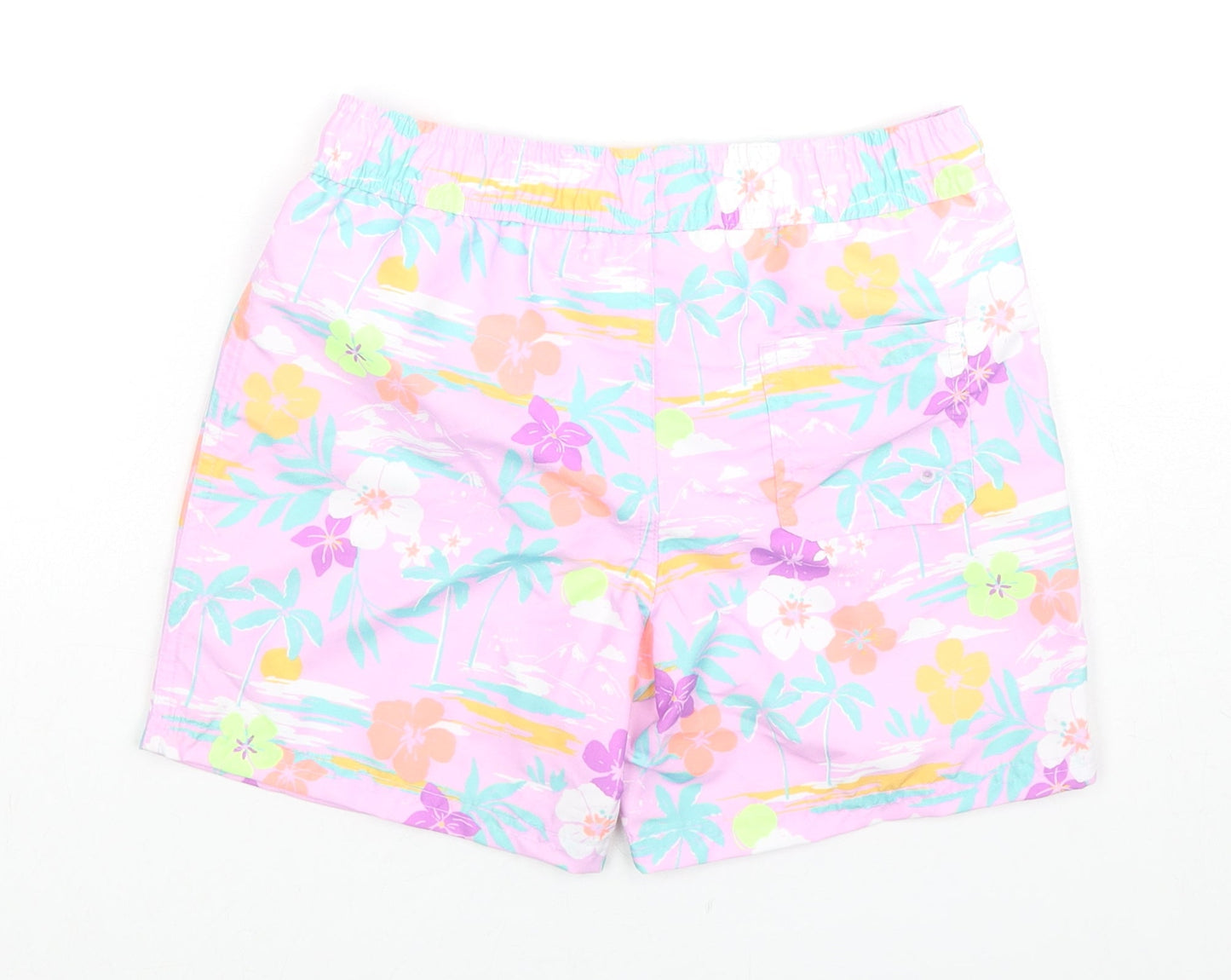 Marks and Spencer Boys Purple Floral Polyester Sweat Shorts Size 7-8 Years Regular Drawstring - Swim Shorts