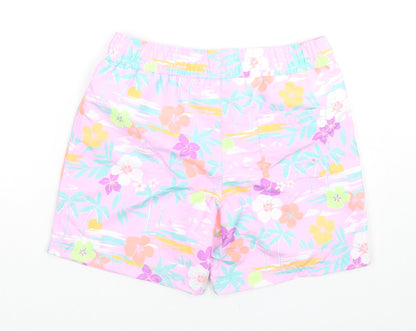 Marks and Spencer Boys Purple Floral Polyester Sweat Shorts Size 7-8 Years Regular Drawstring - Swim Shorts