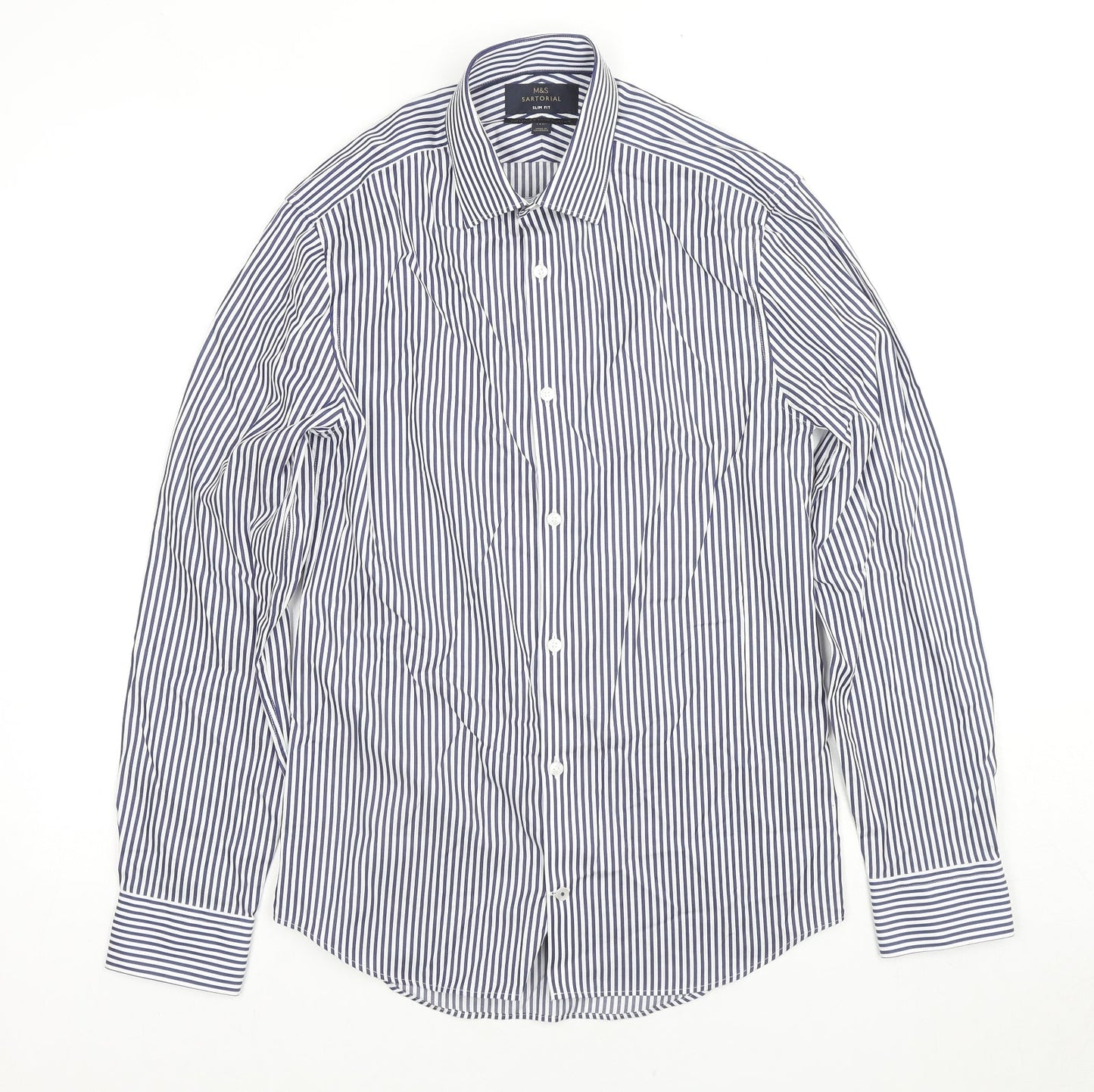 Marks and Spencer Mens Blue Striped Cotton Button-Up Size 14.5 Collared Button - Collar 14.5''
