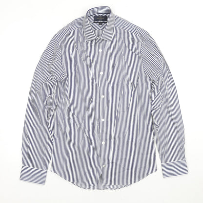 Marks and Spencer Mens Blue Striped Cotton Button-Up Size 14.5 Collared Button - Collar 14.5''