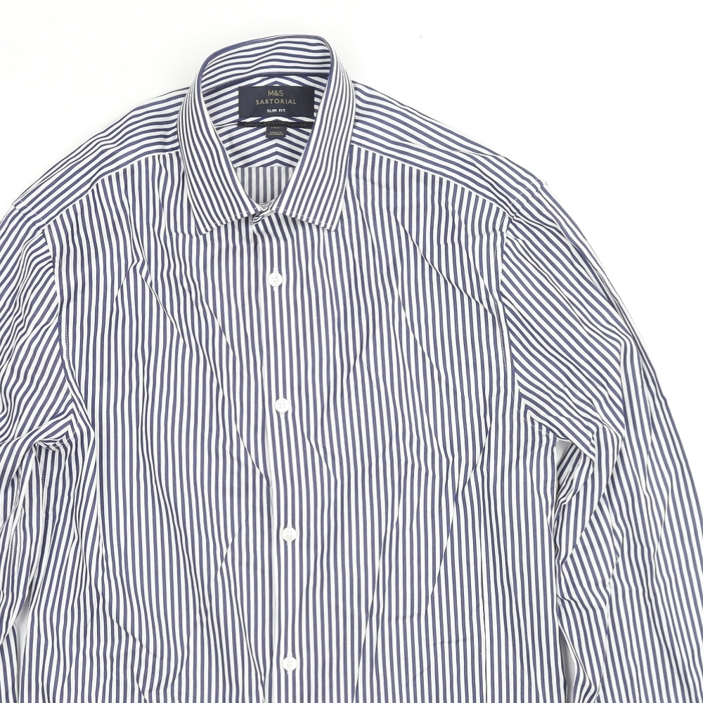 Marks and Spencer Mens Blue Striped Cotton Button-Up Size 14.5 Collared Button - Collar 14.5''