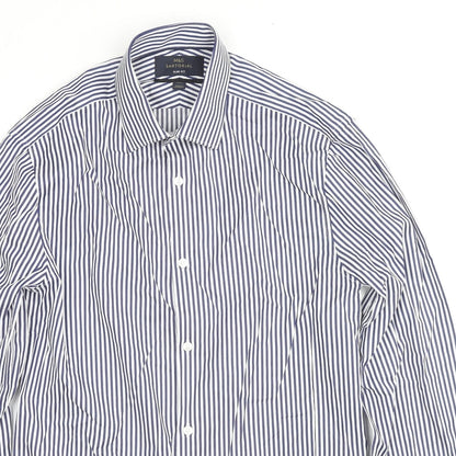 Marks and Spencer Mens Blue Striped Cotton Button-Up Size 14.5 Collared Button - Collar 14.5''