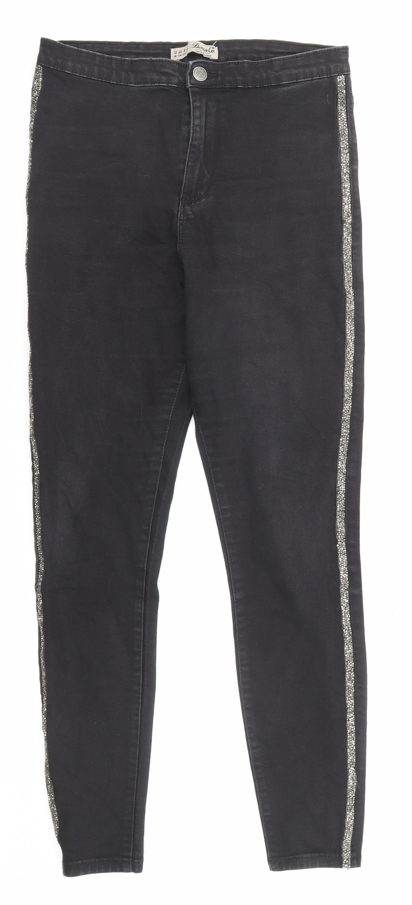 Denim & Co. Womens Black Cotton Skinny Jeans Size 12 L26 in Regular Zip - Embellishment detail