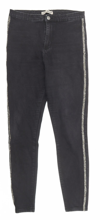 Denim & Co. Womens Black Cotton Skinny Jeans Size 12 L26 in Regular Zip - Embellishment detail