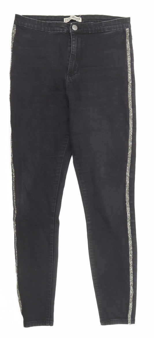 Denim & Co. Womens Black Cotton Skinny Jeans Size 12 L26 in Regular Zip - Embellishment detail