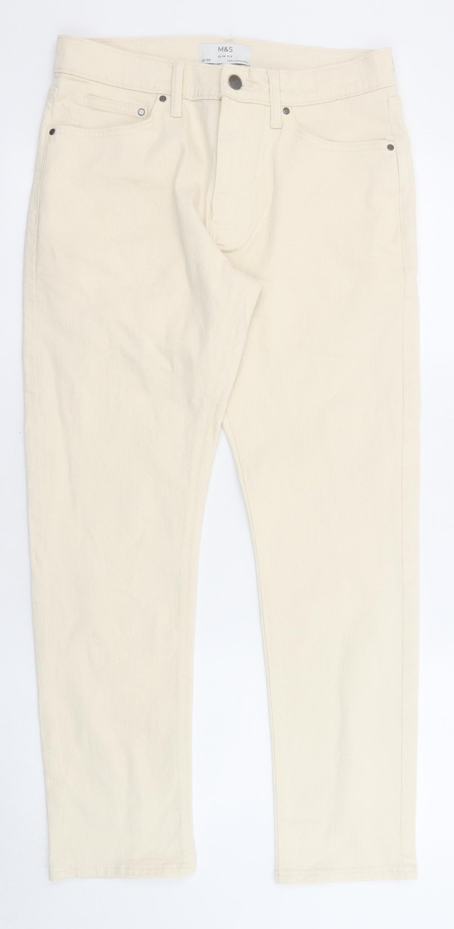 Marks and Spencer Mens Beige Cotton Straight Jeans Size 30 in L29 in Regular Zip - Pockets