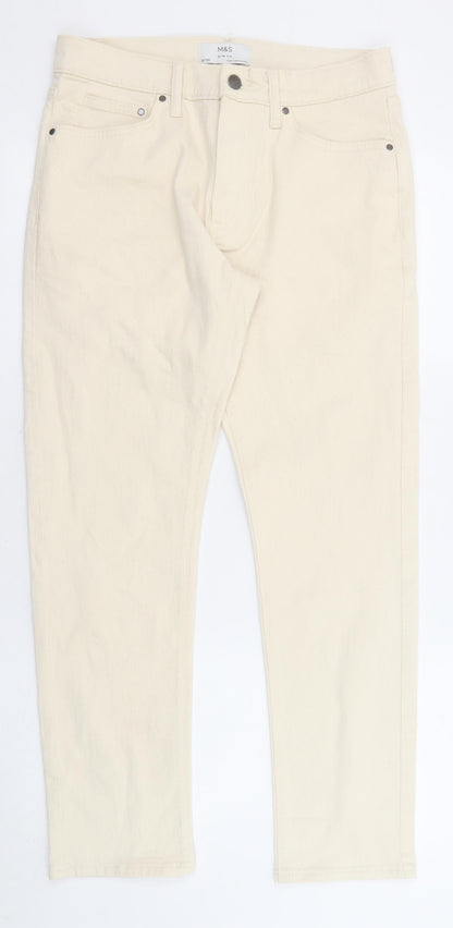 Marks and Spencer Mens Beige Cotton Straight Jeans Size 30 in L29 in Regular Zip - Pockets