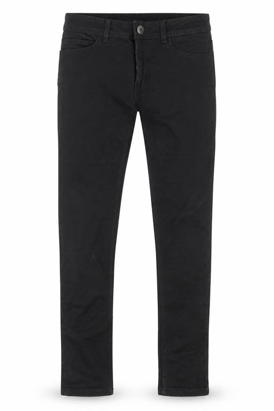 Front view of Denim men’s black cotton skinny jeans, size 30, in, 32-inch leg regular zip - pockets