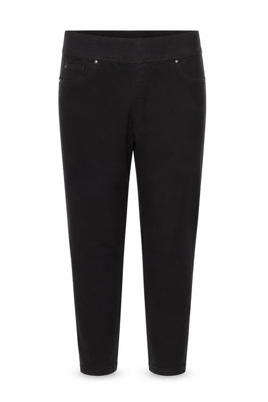 Front view of Denim & Co. women’s black cotton jegging jeans, size UK 14, 27-inch leg regular