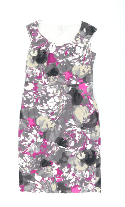 CC Womens Grey Floral Cotton Pencil Dress Size 10 Scoop Neck Zip