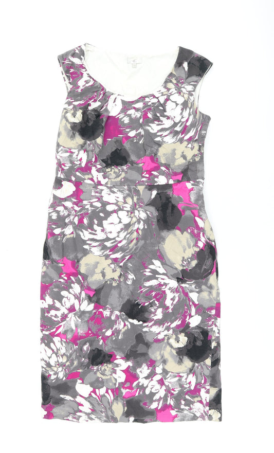 CC Womens Grey Floral Cotton Pencil Dress Size 10 Scoop Neck Zip
