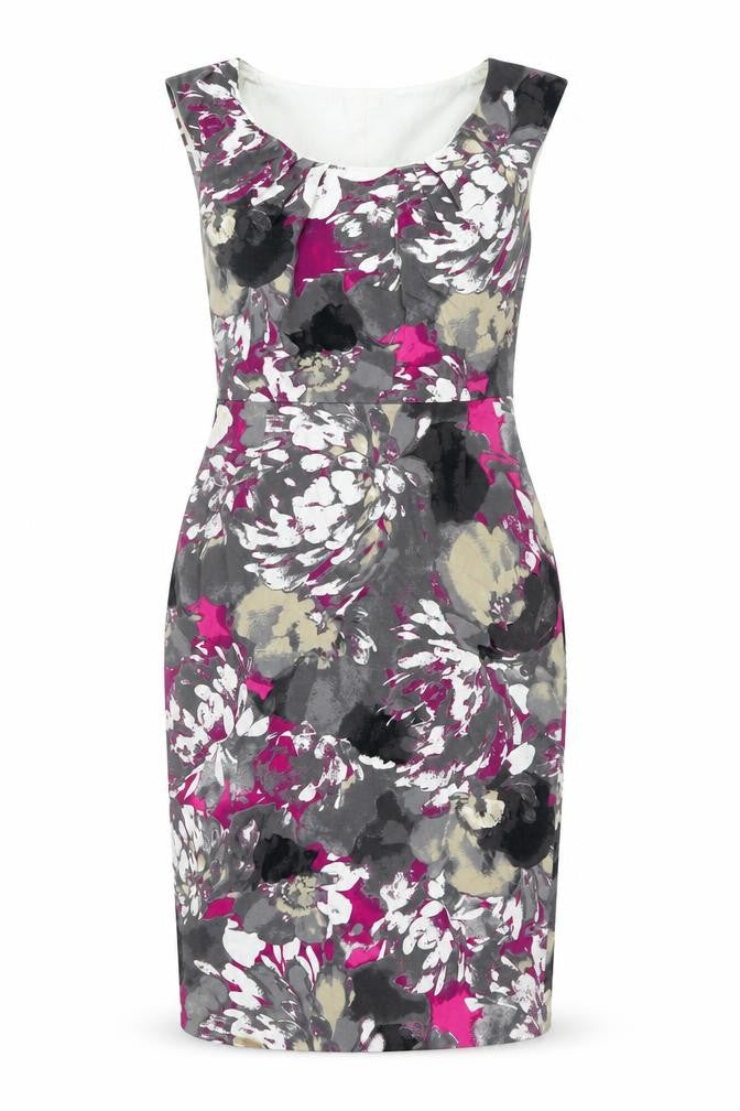 Country Casuals Womens Grey Floral Cotton Pencil Dress Size 10 Scoop Neck Zip
