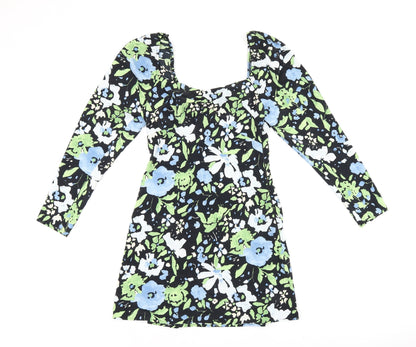 Topshop Womens Black Floral Polyester Mini Size 6 Square Neck Zip