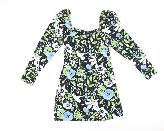 Topshop Womens Black Floral Polyester Mini Size 6 Square Neck Zip