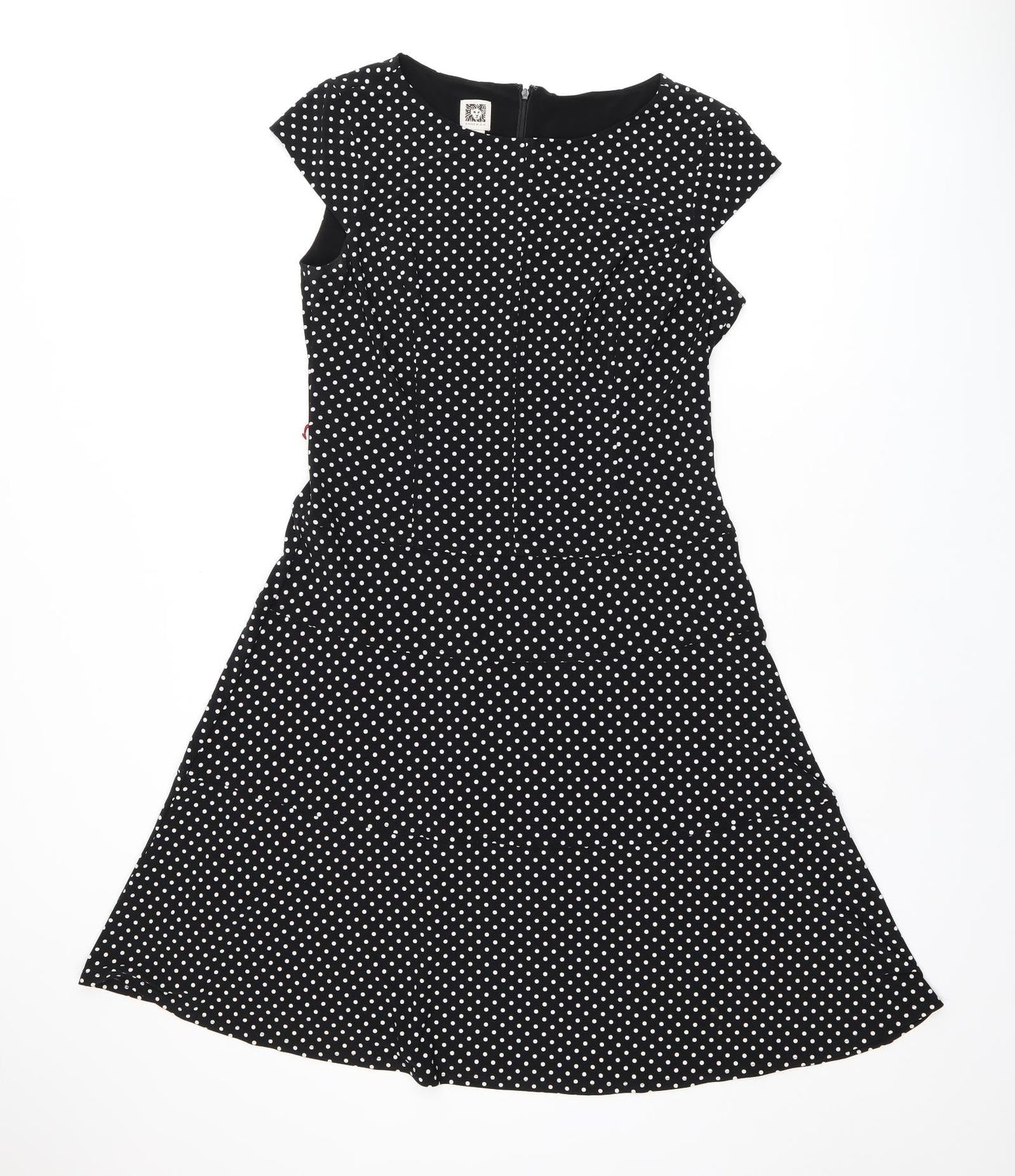 Anne Klein Womens Black Polka Dot Polyester Skater Dress Size 10 Boat Neck Zip