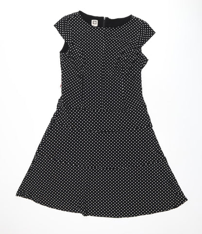 Anne Klein Womens Black Polka Dot Polyester Skater Dress Size 10 Boat Neck Zip