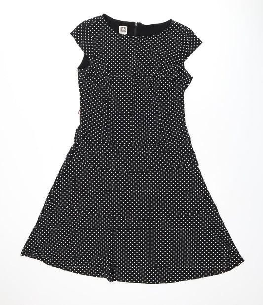 Anne Klein Womens Black Polka Dot Polyester Skater Dress Size 10 Boat Neck Zip